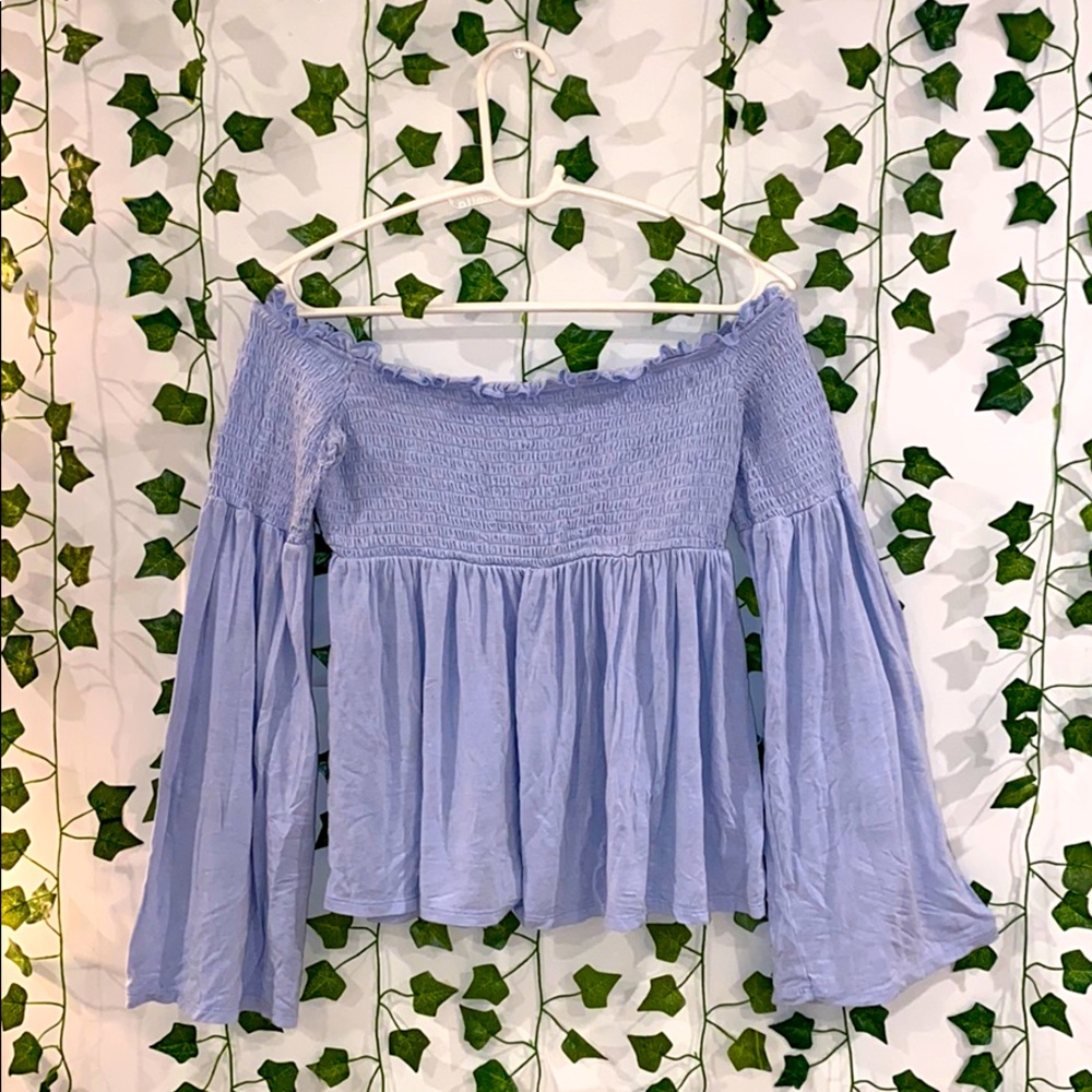 Off the shoulder float baby blue shirt!